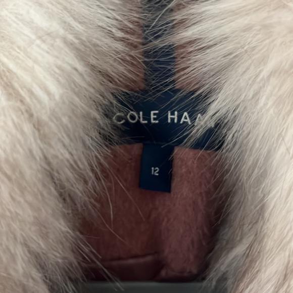 Cole HAAN Faux-Fur COLLAR Wool Blend Belted WRAP Coat Burgundy Size 12 - Picture 3 of 7